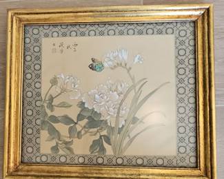 Vintage Asian Silk Painting of Birds and Peonies