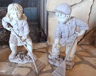 Pair of Children with Brooms Garden Statues