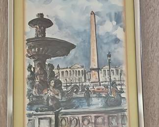 Pair of Watercolor Paintings of Paris Scenes by Arno: Place de la Concorde and Place du Tertre