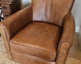 Pottery Barn Irving Roll Arm Leather Swivel Armchair