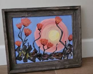 Abstract Floral Painting with Sun/Moon in Rustic Frame