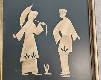Vintage Asian Folk Art Straw on Black Linen Fabric Framed Wall Hanging
