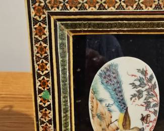 Persian Khatamkari Inlaid Picture Frame with Miniature Peacock Painting