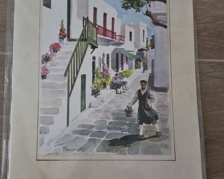 Greek Village Scene Watercolor Painting