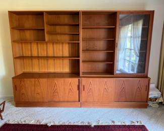 Modular Danish Modern Teak wall unit (2 pieces) with sliding doors and glass cabinet