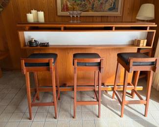 Set of 4 (4th chair behind bar) Erik Buch bar stools and a Dyrlund dry bar