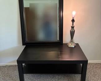 Black Wood Coffee Table, Black Framed Beveled Mirror  Lamp