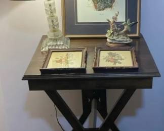 Wooden Side Table, Vintage Lamp, 3 Framed Pictures And Hummingbird Figurine
