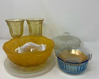 Vintage Moonstone Sugar Dish, Floragold carnival glass Fortecrisa mexico bowl Amber Geometric Patte