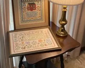 Vintage Wood Side Table, Brass Colored Lamp, Framed Crossstitch