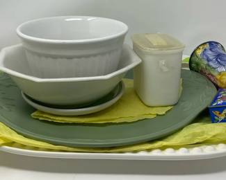 PL Homes Serving Tray, Gibson China, And Vintage Glass Container
