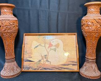 Hand Carved Wooden Vase, Leaf, And Botanical Motif Pillars