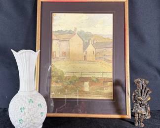 Vintage British Isles Rural Village Landscape, Belleek Vase And Scottish Bagpipe Door Knocker