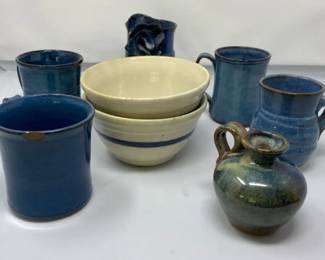 Owens Pottery Coffee Cups Seagrove NC  Roseville Pottery Blue Banded Bowls  Signed Pottery Vases