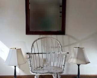 White Chippy Rocking Chair, Large Mahogany Mirror, Pair Of Black Metal Lamps