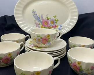 Edwin M. Knowles China Alicia Pattern Set 6 Tea Cups, Saucers,  Oval Platter