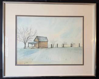 Framed Watercolor, Painting Of The Old Tobacco Barn By V Tucker