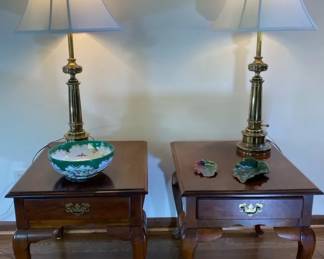 Matching Queen Anne Style Mahogany Side Tables With Heavy Brass Colored Lamps  Chelsea House  More