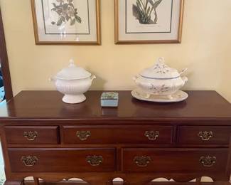 Sideboard, Soup Tureens, Pair Of Framed Botanicals And Box