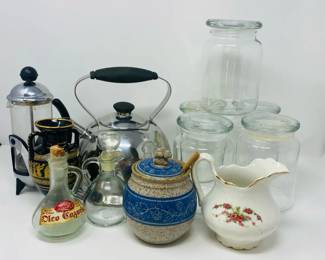 Vintage Rose pitcher St. Louis, Oil Vinegar Jars, Spyropoulos Vase,Pyrex French Press, stainless st