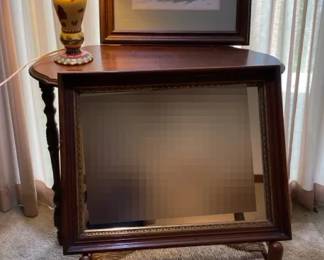 Vintage Wood Table, Rush Seat Stool, Mirror, Print And Lamp