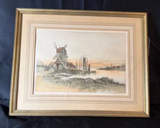 Vintage Framed Hand Colored Etching Dutch Windmill Signed