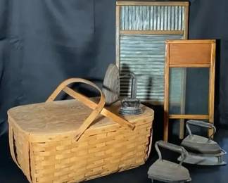 Vintage Cast Irons, Wash Boards And Picnic Basket