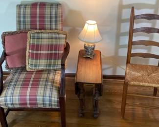 Upholstered Sitting Chair With Side Table And Lamp  Wooden Wickerbottom Chair