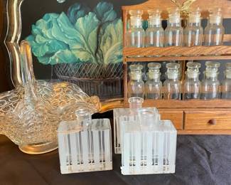 Vintage Wooden Spice Rack, Miscellaneous Glass
