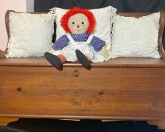 Wooden Storage Bench, Homemade Raggedy Ann Doll AndDecorative Pillows