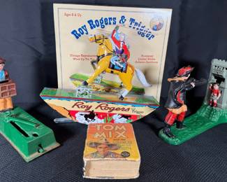 Vintage Roy Rogers and Trigger Toy, CastIron Monkey Bank by Hubly Manufacturing Company, and Willia