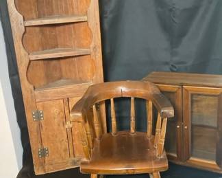 Hand Crafted Wood Corner Cabinet, Display Case And Small Childrens Rocker