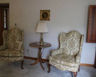 2) Wing Back Chairs w/Queen Anne Legs; Cherry Round Lamp Table