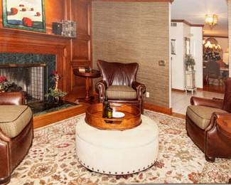 Town & Country Scot’s chairs in leather with contrasting Ralph Lauren fabric. 4 available