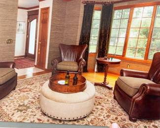 Town & Country Scot’s chairs in leather with contrasting Ralph Lauren fabric. 4 available