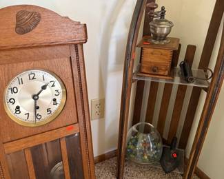 Antique German Oak Regulator Wall Clock with Carved Shell