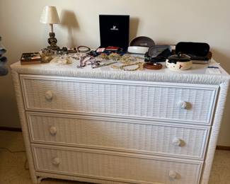 Henry Link White Wicker 3-Drawer Dresser with Assorted Costume Jewelry
