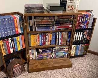 Vintage VHS Movie Collection with Wooden Cabinet