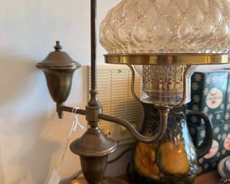 Brass Hurricane Lamp with Frosted Hobnail Glass Shade