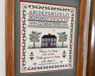 Framed "Peace to those who enter. God's grace to those who depart." Cross-Stitch Sampler