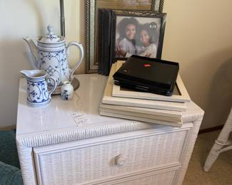 White Wicker Nightstand with Blue and White Porcelain Tea Set