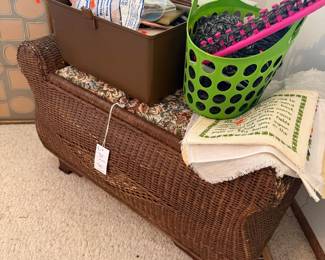 Vintage Wicker Storage Bench with Floral Upholstery and Pier 1 Label