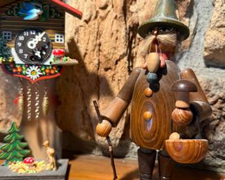 German Wooden Figurine - Woodsman with Mushroom Basket and Cuckoo Clock