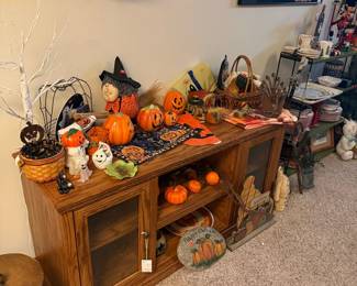 Halloween and Fall Decor Collection on Oak Cabinet