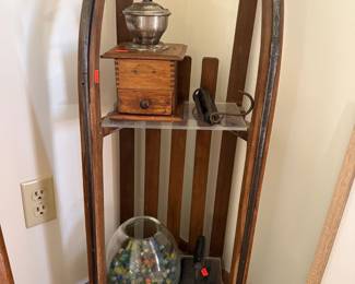 Antique Wooden Coffee Grinder on Repurposed Sled Shelf Unit
