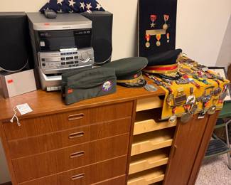 Mid-Century Teak Dresser with Military Memorabilia Collection