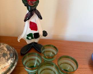 Murano Glass Clown Figurine and Set of 6 Striped Shot Glasses