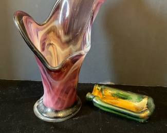 Blown Glass Purple Slag Vase Green Gold Melted Bottle