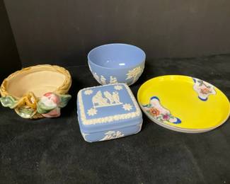 Vintage Majolica Style Basket, Pair Of Vintage Wedgewood, Vintage Noritake Floral Dish