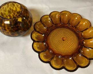 Vintage Indiana Amber Carnival Glass Hobnail Egg Plate Amber Art Class Vase